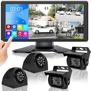 RV Backup Camera System with 10.36 4K Monitor for RV Truck Bus Trailer with 4 Rear/Side View 1080P HD Cameras 4 Splits Touch Screen DVR Recording IP69 Waterproof Bluetooth Music Video Avoid Blind