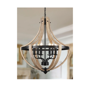 6-Light Large Rustic Farmhouse Dining Room Chandeliers, Adjustable Height Entryway Light Fixture, Hanging Wood Chandelier for Kitchen Island Foyer Stairwell Office