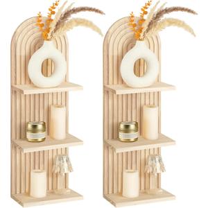 Geetery 2 Pcs Boho Wall Shelf Arch Wooden Floating Shelves Mid Century Rainbow Wall Shelf Hanging Holder Double Vintage Mount Altar Decor for Nursery Bedroom(3 Tier)