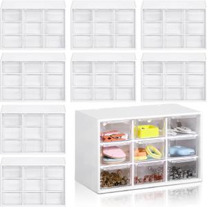 Rtteri 9 Pieces Mini Drawer Organizer Plastic Desktop Storage Box Desk Craft Organizer with 9 Clear Drawers for Office Home Jewelry Small Parts Belongings Cosmetics Collection, Wall Mounted (White)