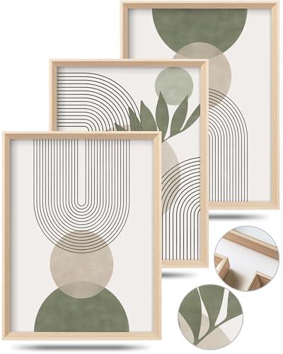 Boho Sage Green Framed Wall Art, 12x16in High Framed Design Canvas Prints Wall Decor,Minimalist Abstract Green Poster Home Decoration for Living Room Bedrrom Gallery Office,Set of 3