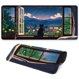 2 x Black Cat Perched on a Windowsill Gaming Mouse Pad with Non-Slip Rubber Base, Large Kawaii Anime Mousepad with Stitched Edges, Long Keyboard Mat for Laptop and Mouse, 31.5 x 11.8 inches