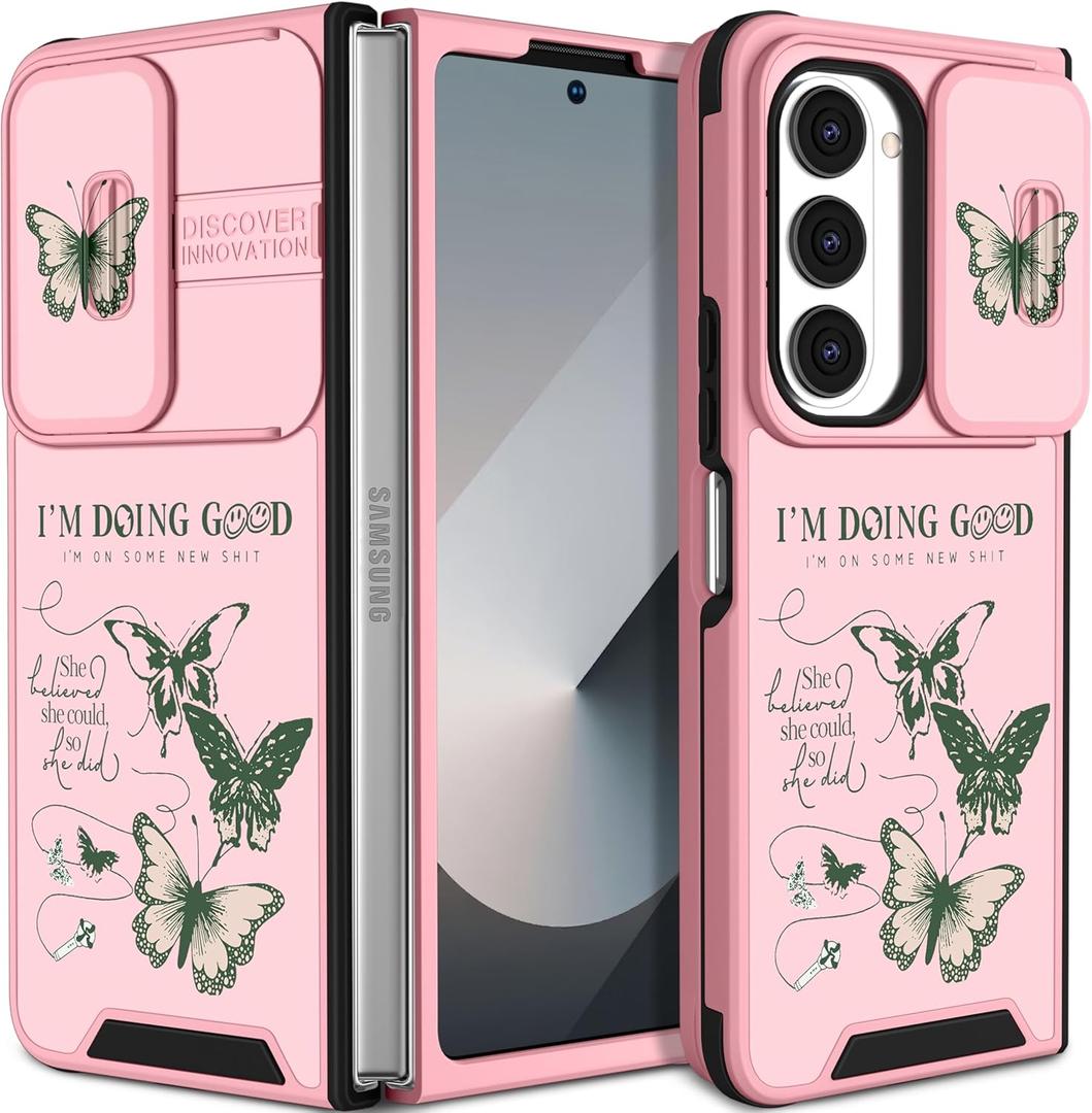 For Samsung Galaxy Z Fold 6 Case - Women Girls Cute Phone Cover Girly Pretty Aesthetic Green Butterfly Unique Design with Camera Cover Funda for Samsung Fold 6 Case