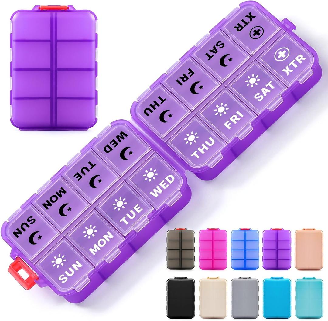 Foldable Weekly Pill Organizer 2 Times a Day with 2 Extra Compartments (Clear Printed Labels) - 7 Day AM PM Medicine Box, Week Daily Travel Pill Case Holder for Vitamin, Supplement - Clear Purple