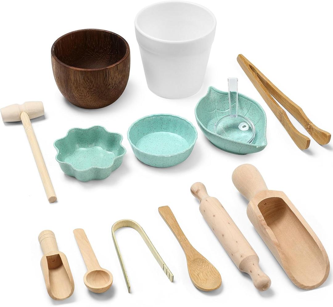 14pcs Sensory Bin Tool Sensory Tools for Boys and Girls Fine Motor Skill Toys Wooden Tong Spoons Bowls Plate Hammer Magnifying Glass and Rolling Pin for Transfer Work and Fine Motor Learning