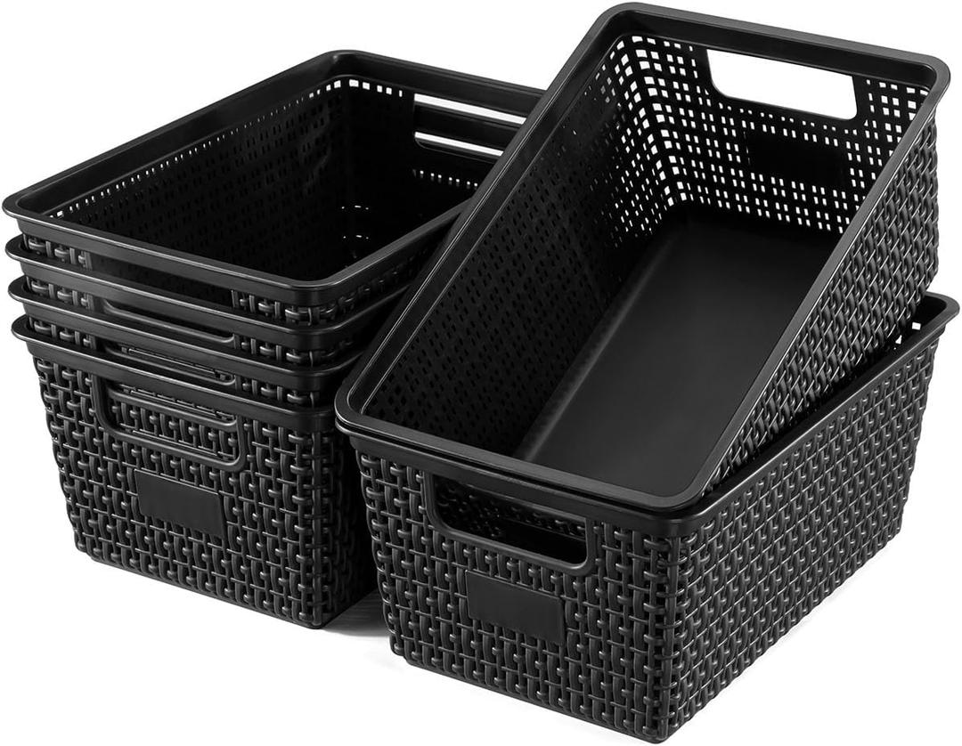 Set of 6 Baskets For Organizing, Plastic Storage Bins and Small Basket for Organization and Storage Shelves Drawers Desktop Closet Playroom Classroom Office, Black