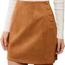 Women's Suede Skirt Solid High Waist Slit Metal Buckle Package Hip Commuter Casual Skirts, (Large,Brown)
