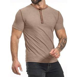 PLEPAN Mens Henley Shirts Crewneck Short Sleeve Casual Cotton T-Shirts with Contrast Color Collar, S