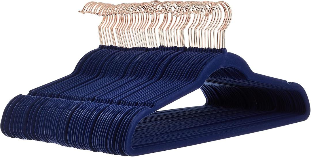 Amazon Basics Slim Velvet, Non-Slip Suit Clothes Hangers, Pack of 50, Navy Blue/Rose Gold