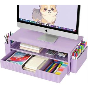 Desk Organizer and Accessories, 2-Tier Computer Monitor Stand Rise with Storage Drawer & 2 Pen Holders, Laptop & Printer Stand for Desktop, Workspace Organizers for Office Supplies (Purple)