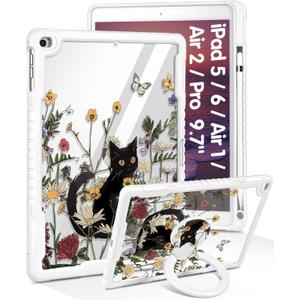 for iPad 5th/6th Gen, Air1/ Air2, Pro 9.7 Inch Case - Women Cute Girls with Stand & Pencil Holder Cover Black Cat Girly Protective Hard Funda for iPad 6/5 Generation, Air 1st/2nd, Pro 9.7