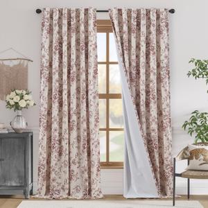 jinchan Blackout Linen Blend Curtain Floral Curtains for Living Room 96 Inch Length Brick Red Printed Curtain with Lined Blackout Curtains for Bedroom Farmhouse Curtains Set 2 Panels (50"W x 96"L (Pack of 2), Blackout Flower Brick Red)