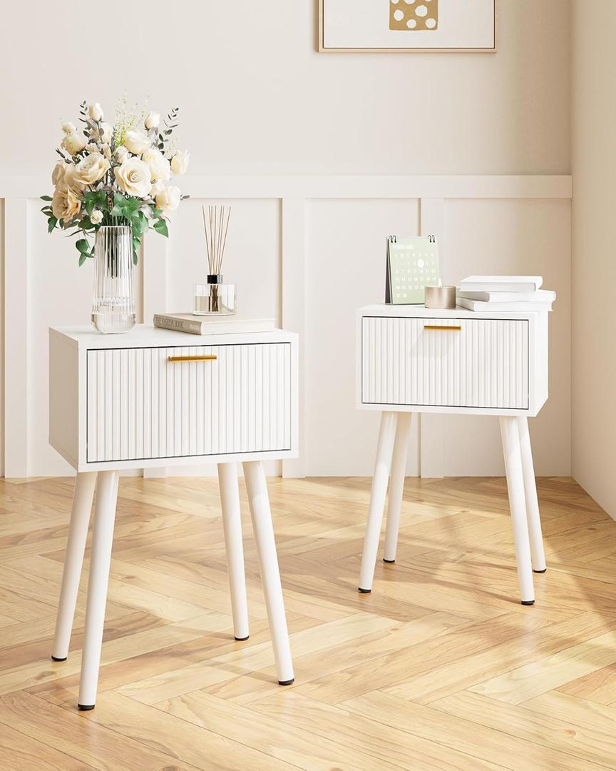 ASACESCU Night Stand Set 2, White Nightstand with Fluted Doors, Small Modern MidCentury Bedside Table for Bedroom, End Table for Living Room