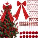 Jenaai 90 Pcs Red Velvet Christmas Decorations Velvet Ornaments for Christmas Tree Large Red Satin Bow Tree Topper Burgundy Bow Ribbon Flocked Ornaments Glitter Berry Stems Picks for Xmas Decor