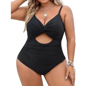 Hanna Nikole Women Plus Size One Piece Swimsuit Tummy Control Cutout Twist Front Bathing Suit Swim Swimwear Black 20w