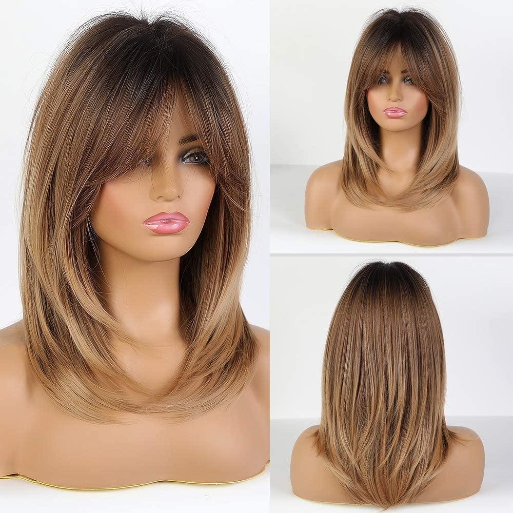 Alanhair Ombre Brown Wigs for Women, Shoulder-Length Layered Wigs with Bangs Heat Resistant Synthetic Fibre Wigs