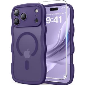 DOMAVER for iPhone 17 Pro Max Case for Women, 1X Screen Protector+1X Wrist Strap, [Compatible with MagSafe] [Full Camera Protection] Cute Wave Matte Phone Case for iPhone 17 Pro Max, Deep Purple