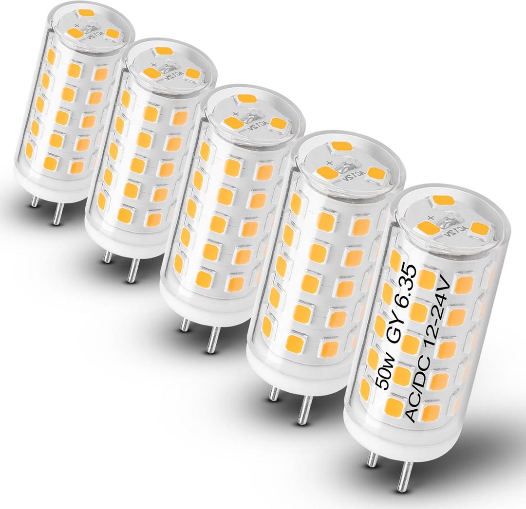 GY6.35/G6.35 5W LED Bulb AC/DC 12-24V Warm White 2700K JC Type Bi-Pin Base 50W Halogen Bulb Equivalent for Pendant Chandelier Landscape Lighting Desk Lamp Accent Light, Non-Dimmable, 5 Pack