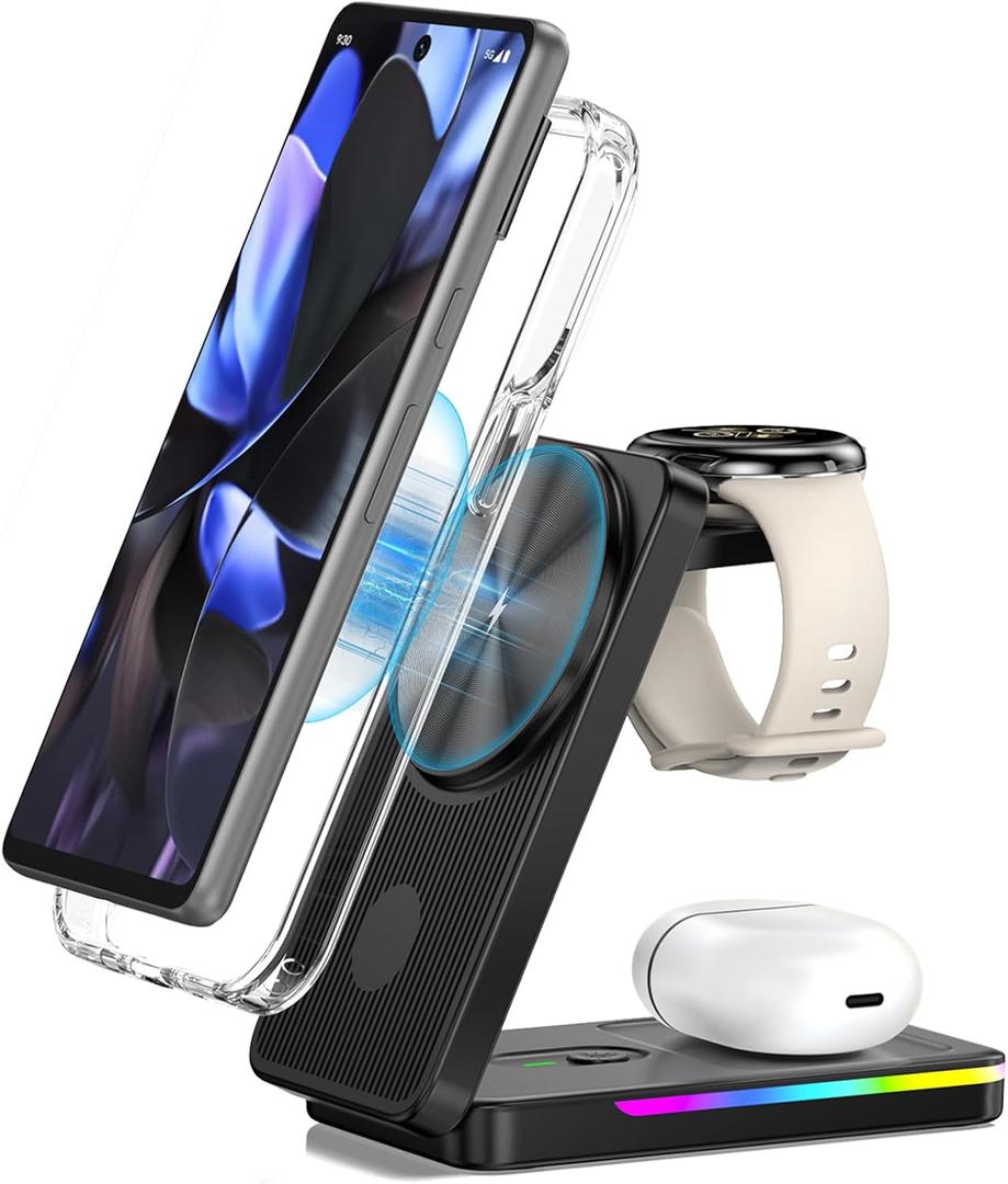 Magnetic Wireless Charger for Google Pixel Watch 3/2, 3 in 1 Foldable Wireless Charging Station for Google 10/10 Pro XL/10 Pro/9/8/7/6, Pixel Buds Pro 2(Not Pixel Watch 4/1) with Adapter