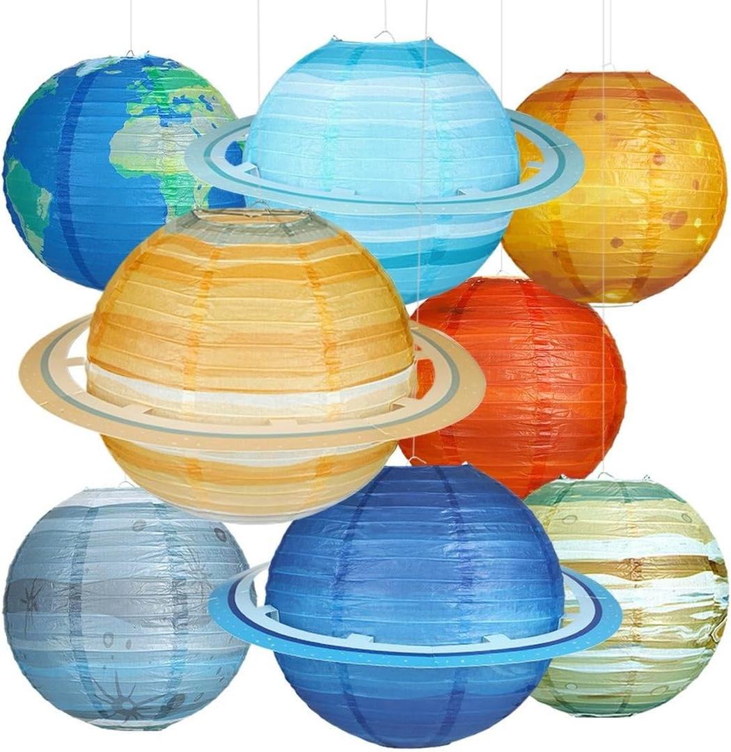 8 PCS Planet Paper Lanterns, 12 Inch Outer Space Party Decorations, Solar System Hanging Planets Lantern for Kids Space Theme Party Birthday Room Decorations (Multicolor)