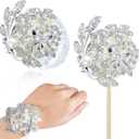 Yunsailing 2 Pcs Artificial Corsages Wrist Flower Rhinestone Wrist Corsage Artificial Silk Corsage Wedding Wrist Corsage for Wedding Boutonniere Wrist Flowers Party Bridal Shower (Silver Ivory)