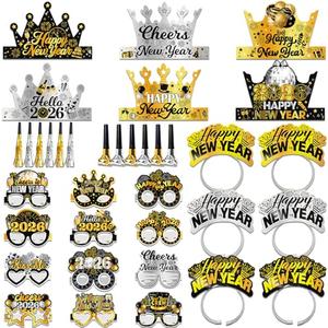 LECONCES New Year's Eve Party Supplies 2026, Happy New Year Party Favors Set- New Years Paper Hats, 2026 New Year Headband, Eyeglasses, Blowouts for New Years Eve Party