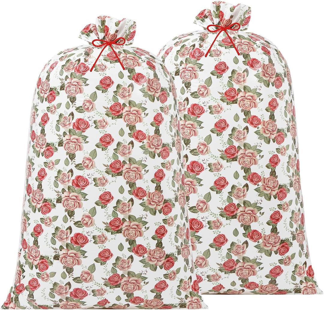 Leinuosen 2 Pcs 70 Inches Jumbo Gift Bag Large Pink Oversized Plastic Floral Gift Bags with Ropes Extra Large for Mother Day Wedding Birthday Baby Shower Party Favors