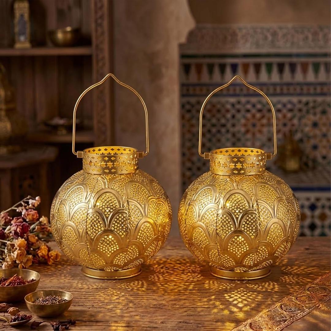 TRIROCKS Set of 2 Moroccan Style Metal Table Lamp 7'' High Battery Powered Cordless Lamp with LED Lights Bulb Perfect for Home Living Room Parties Tabletop Indoors (Gold)