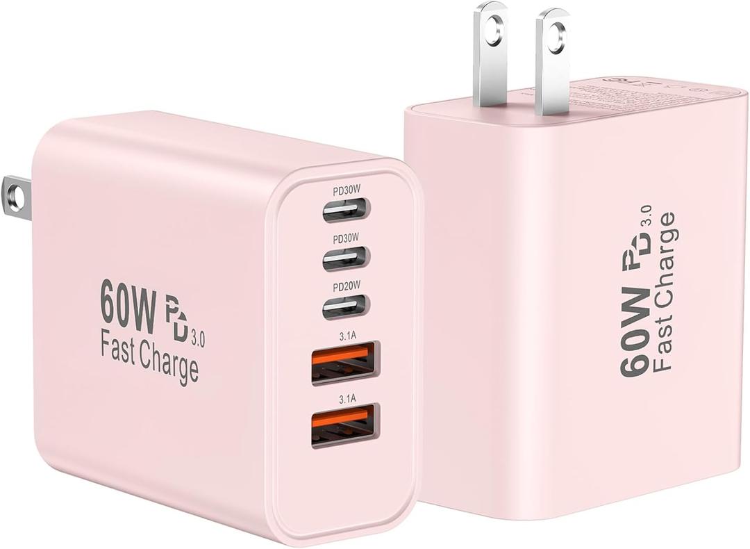 USB C Fast Wall Charger Block, 2Pack 60W USBC Charging Cubes, 5-Port PD+QC Power Adapter Multiport Brick Type C Box Plug for Phone 17/16/15/14/13/12/11/Pro Max/Plus, Pad Mini/Pro/S25/S24-Pink