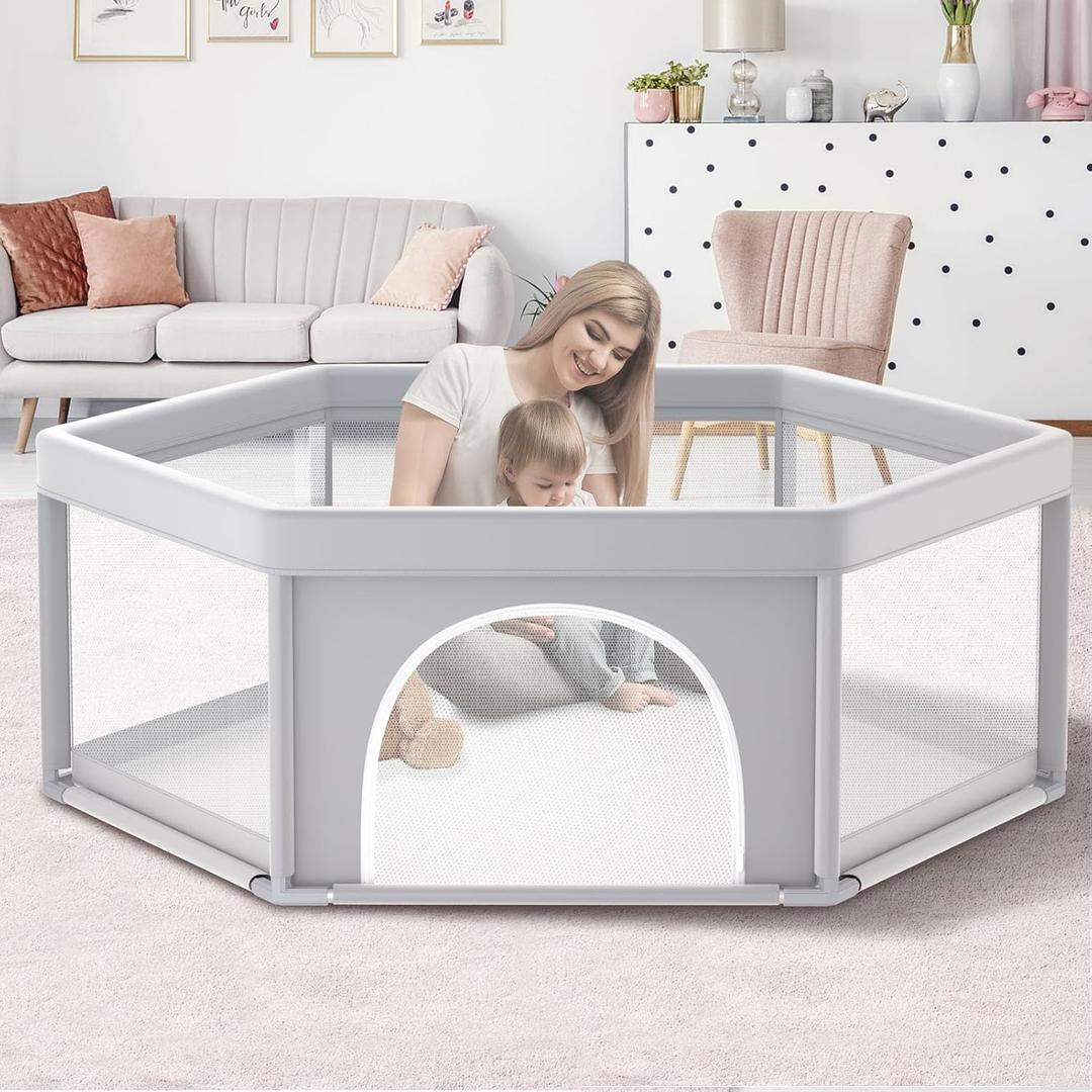 Baby playpen, 65x65 Inch Hexagonal playpen for Babies and Toddlers, Baby Fence Play Pens for Indoor & Outdoor, Sturdy Safety Play Yard with Soft Breathable Mesh, Anti-Fall, Grey