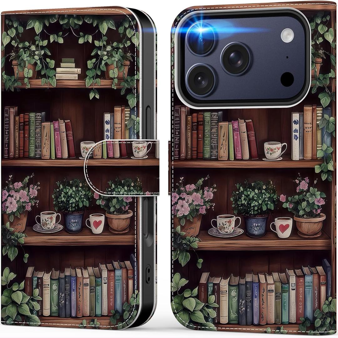 DEENAKIN for iPhone 17 Pro Max Wallet Case with Card Holder + Cash Clip, RFID-Blocking, Military-Grade Protection & UV-Printed Artwork, Magnetic Closure with Leather Kickstand - Bookshelf with Blooms