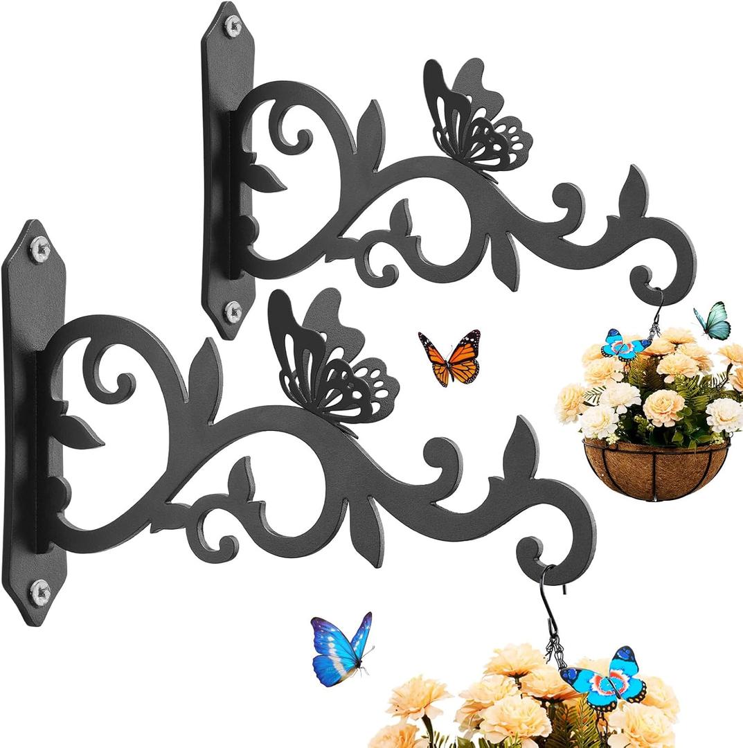 Kingsyard 2-Pack Wall Plant Hanger - 8 Inch Heavy Duty Metal Hooks with Butterfly Decor for Hanging Plants, Feeders, Lanterns & Wind Chimes, Indoor/Outdoor Use, Black
