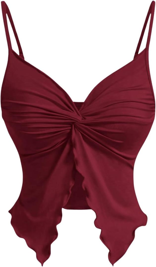 Women's Twist Front Cami Crop Tops Spaghetti Strap Slim Fit Asymmetrical Camisole (Large, Burgundy)