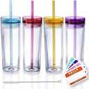 SKINNY TUMBLERS 4 Colored Acrylic Tumblers with Lids and Straws | Skinny, 16oz Double Wall Clear Plastic Tumblers With FREE Straw Cleaner & Name Tags! (Multicolor, 4)