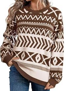 Dokotoo Brown Sweaters for Women Casual Striped Long Sleeve Pullover Jumpers Cute Crew Neck Color Block Sweater Top Lightweight Sweaters for Women Christmas Sweaters for Women Large