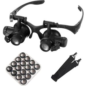 Head Mount Magnifying Glass with LED Light, Jewelers Loupe Magnifier with 8 Interchangeable Lens 2.5X/4X/6X/8X/10X/15X/ 20X/25X for Close Work/Electronics/Eyelash/Crafts/Jewelry/Repair