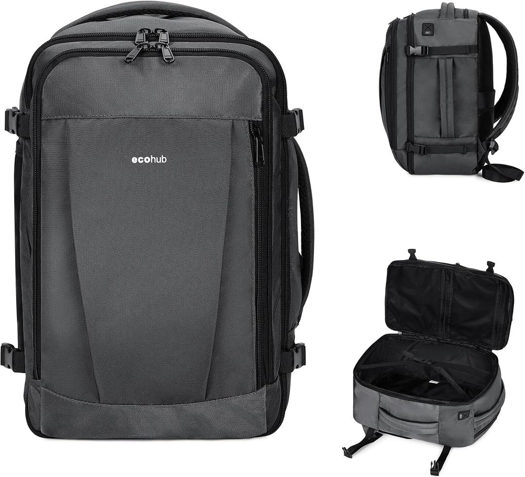 ECOHUB Travel Backpack 18x14x8 Spirit Airlines Personal Item Bag Carry On Backpack 13 Pockets Large Work Casual Daypack for men Airline Approved Waterproof Gym Backpack with Charging Port, Light Grey