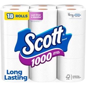 Scott 1000 Toilet Paper, 18 Rolls, Septic-Safe, 1-Ply Toilet Tissue