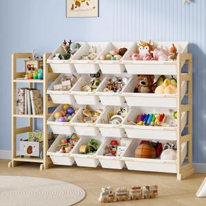 EXPERLAM Toy Storage Organizer, Toy Storage Shelf with 3 Shelves and 16 Storage Bins (12 Small + 4 Large), 3-in-1 Kids Bookshelf for Kids Rooms, Playroom, Nursery, White