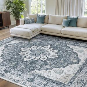 RELEANY Area Rugs 8'x10' Washable Non-Slip, Floral Vintage Distress Print Pattern Medallion Carpet for Living Room Bedroom Dining Room, Light Gray Grey White