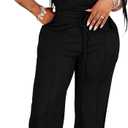 PINSV Women's 2 Piece Outfits Lounge Short Sleeve Tops High Waisted Wide Leg Pants Tracksuit Sets Black M