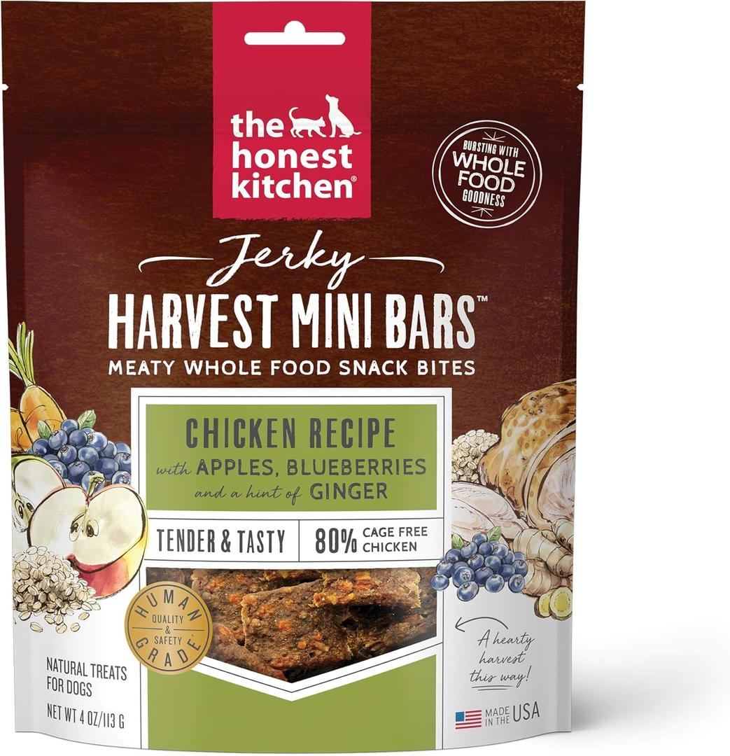 The Honest Kitchen Human Grade Dog Treats Jerky Harvest Mini Bars: Chicken Recipe With Apples & Blueberries, 4 oz Bag (1 Count (Pack of 1))