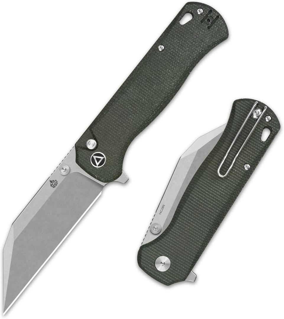 QSP Swordfish Folding Pocket Knife, 3.63" Sandvik 14C28N Stonewash EDC Knife, Green Micarta Handle, Button Lock, Ceramic Ball Bearings, Reversible Wire Deep Carry Clip