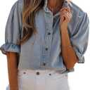 Deer Lady Womens Denim Shirt Bow Tie Front Tops Puff Sleeve Blouses Babydoll Peplum Summer Trendy Crewneck Shirts M