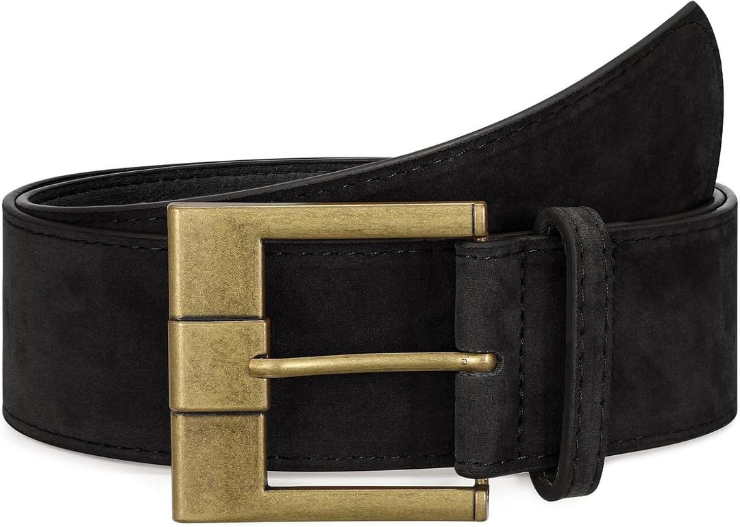 Women Wide Leather Belts for Dresses 1.9" Chunky Western Vintage Thick Suede Waist Belt with Brass Buckle