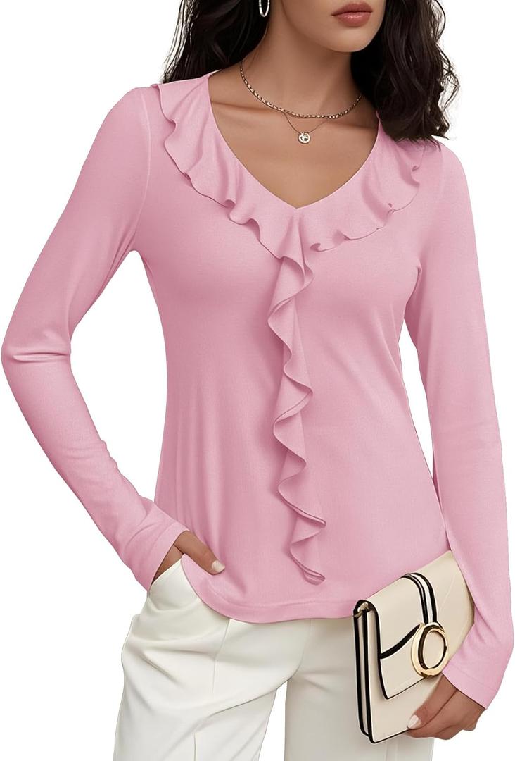 Women's Long Sleeve Shirts Dressy Casual V Neck Ruffle Knit Tunic Tops 2025 Fall Trendy Work Blouse (Pink, XS)