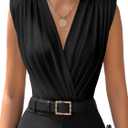LYANER Women's Wraped V Neck Ruched Sleeveless Tank Leotard Bodysuit Top (Black)