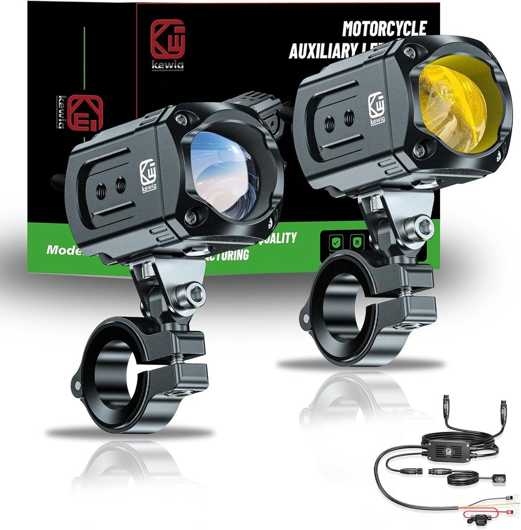 Kewig Motorcycle Auxiliary LED Light Kit Driving Spotlights White/Amber Fog Light with Mount Brackets Wire Harness Waterproof 60W Offroad Work Lights Compatible with Motorcycle J-eep Car Truck