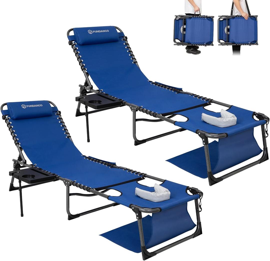 FUNDANGO 4 in 1 Tanning Chair with Face Hole, Beach Lounge Chair w/Canopy Shade & Side Table Chaise Lounge Chairs for Patio, Pool, Lawn, Sunbathing, 5-Position Adjustable Sun Lounger, Set of 2 Blue, Oversized