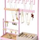 DreamGenius Jewelry Organizer Stand with Velvet Ring Holder, 4 Tier Jewelry Holder Organizer with 15 Hooks for Necklaces and 16 Holes for Earrings, Pink